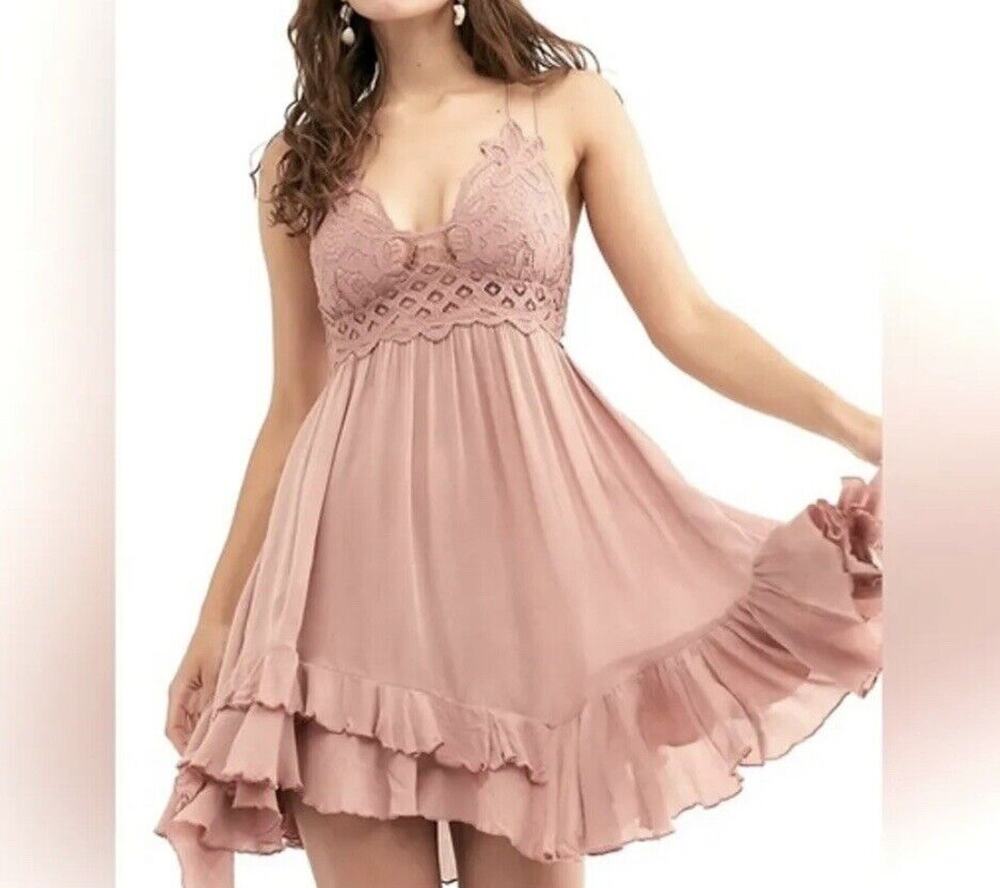 Free People One Small Adella Slip Mini Dress Rose Crochet Lace Flowy Smocked